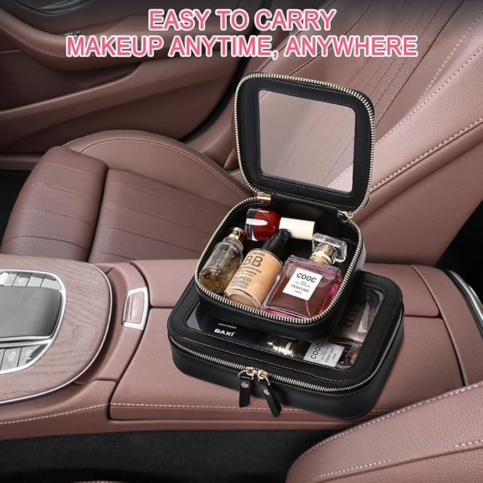 Small Makeup Bag Mini Clear Cosmetic Makeup Case & Toiletry Bag with Zipper Women's Purse Organizer & Car Essentials (Black, MINI)
