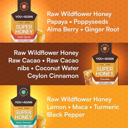 You Again Super Honey Packets - Variety | Workout Clean Energy Gel | Cycling, Endurance, Running Gel or Energy Snack | Paleo & Carnivore Snack | Gluten-Free | Made in USA | 12 Count