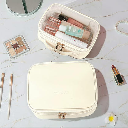 PU Leather Makeup Bag Set - 2 PCS Travel Cosmetic Organizer with Clear Pouch for Women and Girls (White)