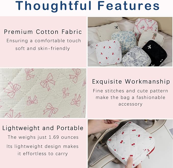 Small Quilted Cotton Makeup Bag for Purse, Cosmetic Bag with Compartments, Cotton Aesthetic Makeup Bag, Travel Toiletry Pouch, Lipstick Bag Card Holder Data Cable Organizer (09White Small bow)
