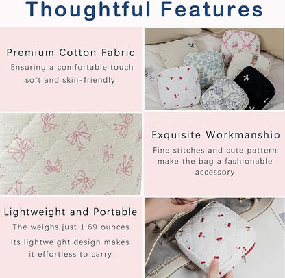 Small Quilted Cotton Makeup Bag for Purse, Cosmetic Bag with Compartments, Cotton Aesthetic Makeup Bag, Travel Toiletry Pouch, Lipstick Bag Card Holder Data Cable Organizer (09White Small bow)