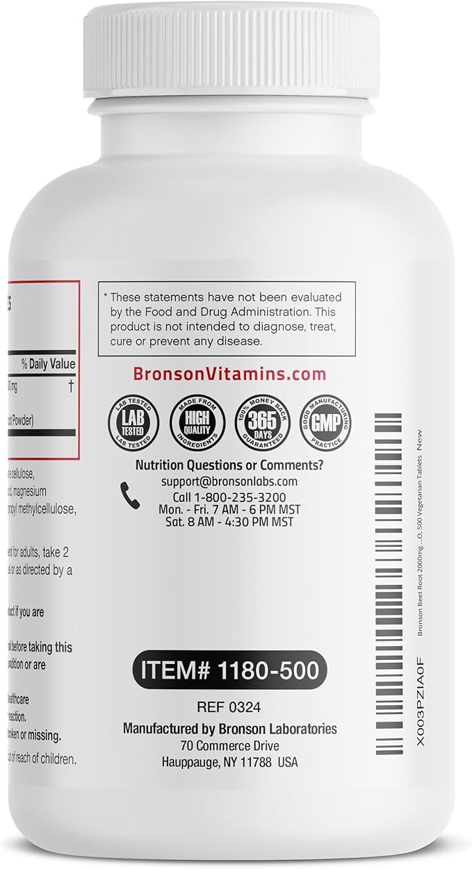 Bronson Beet Root Extra Strength (Equivalent to 2000mg Beet Root per Serving from 500mg 4:1 Extract), Non-GMO, 500 Vegetarian Tablets