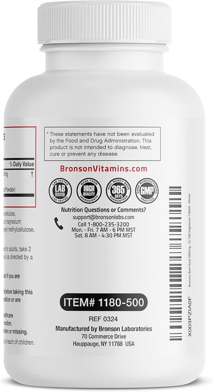 Bronson Beet Root Extra Strength (Equivalent to 2000mg Beet Root per Serving from 500mg 4:1 Extract), Non-GMO, 500 Vegetarian Tablets