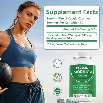 ZAYMAN Moringa Powder Capsules | 800mg of Pure Nutrient Rich Moringa Powder Moringa Supplement | 100% Pure & Natural Superfood, Vegan Greens, Multivitamin - Supports Energy, Skin Health, Gut Health