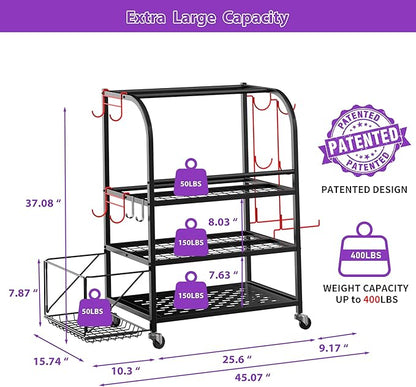 Dumbbell Rack, Weight Rack for Home Gym, 400LBS Metal Home Gym Storage with Lockable Wheels & 4 Adjustable Hooks, Weight Stand for Yoga Mat Storage, Dumbbells, Kettlebell, Foam Roller, Resistance Bands (Black)