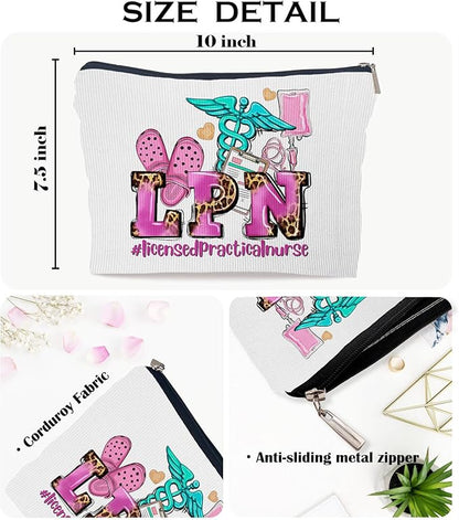 Ayxvt LPN Licensed Practical Nurse Corduroy Cosmetic Bag,Retro Gorgeous Pink Leopard Clipart Decorative Makeup Bag Zipper Pouch Toiletry,Nurse's Day Nurse Graduation Gifts for Women Girls（Corduroy）