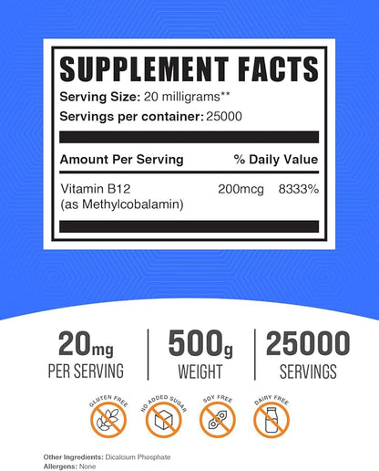 BulkSupplements.com Vitamin B12 Methylcobalamin Powder - 1% B12 Methylcobalamin, Essential B Vitamin - B12 Supplement, Gluten Free, 20mg per Serving, 500g (1.1 lbs) (Pack of 1)
