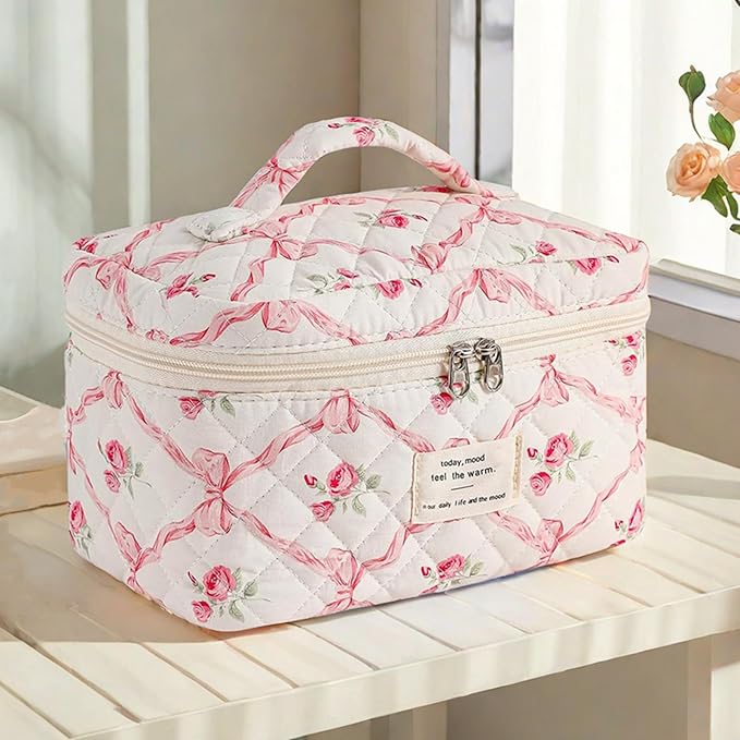 Quilted Makeup Bag,Bow Makeup Bag,Cotton Makeup Bag Set for Women,Travel Makeup Bag,Large Toiletry Cosmetic Bag Makeup Bag Organizer for Women Girls (P2-1PC)