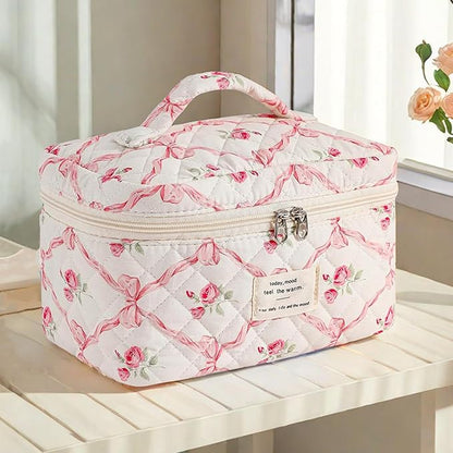 Quilted Makeup Bag,Bow Makeup Bag,Cotton Makeup Bag Set for Women,Travel Makeup Bag,Large Toiletry Cosmetic Bag Makeup Bag Organizer for Women Girls (P2-1PC)