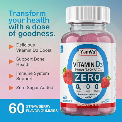 YUM-V'S Vitamin D Zero Gummies by YumVs | Keto Friendly, Sugar Free D3 Supplement | Kids & Adults| 50 mcg – 2000 IU Vitamin D3 | Natural Strawberry Flavor Chewables | 60 Count