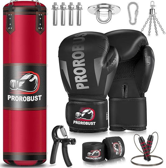 Prorobust Punching Bag for Adults, Red 4ft Oxford Heavy Boxing Bag Set with 12 oz Gloves for MMA Kickboxing Boxing Karate Home Gym Training (Unfilled)