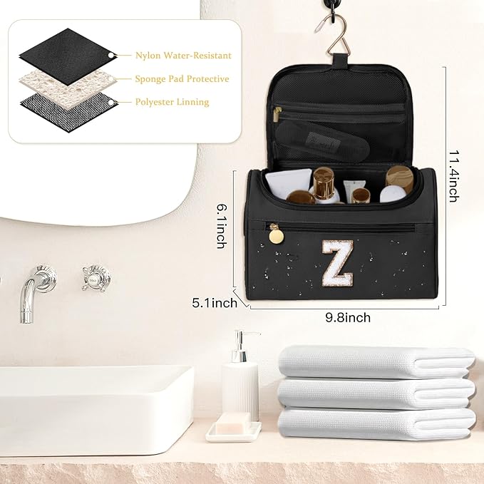 COSHAYSOO Christmas Valentines Galentines Day Fall Travel Gifts for Women Friend Sister Bestie Happy Birthday Party Favor Present, Large Hanging Toiletry Bag Skin Care Toiletries Black Letter Z