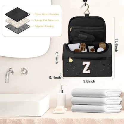 COSHAYSOO Christmas Valentines Galentines Day Fall Travel Gifts for Women Friend Sister Bestie Happy Birthday Party Favor Present, Large Hanging Toiletry Bag Skin Care Toiletries Black Letter Z