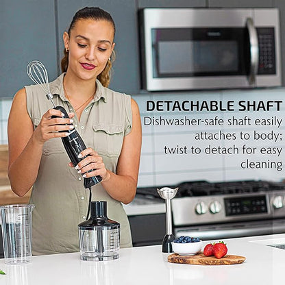 OVENTE Immersion Hand Blender, 300W Electric Handheld Portable Stick Mixer Set with 2 Mixing Speed, Stainless Steel Blades, Egg Whisk Attachment, Mixing Beaker and BPA-Free Food Chopper, Black HS565B