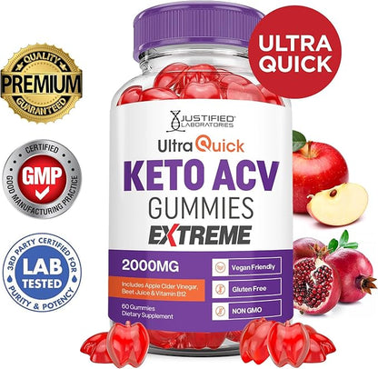 (5 Pack) Ultra Quick Keto ACV Gummies Extreme 2000MG Ultraquick Keto Gummies Apple Cider Vinegar Formulated with Pomegranate Beet Juice Powder B12 Vegan Non GMO 300 Gummys