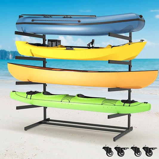 Kayak Storage Rack, Heavy Duty Adjustable Freestanding Kayak Stand with Wheels or Protection Pad for Kayaks, SUPs, Canoe and Paddleboard Kayak Rack for Indoor & Outdoor Use