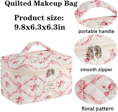 Quilted Makeup Bag,Bow Makeup Bag,Cotton Makeup Bag Set for Women,Travel Makeup Bag,Large Toiletry Cosmetic Bag Makeup Bag Organizer for Women Girls (P2-1PC)