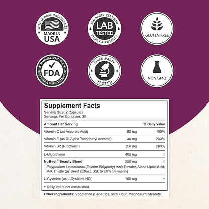NuBest White - Glutathione 400mg & Milk Thistle Extract - Skin Brightening Supplement - Supports Beautiful and Radiant Skin - Antioxidant & Detoxification - 1 Pack | 1 Months Supply
