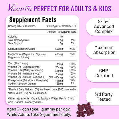 2 Pack Calcium Gummies with Magnesium, Zinc, Vitamin D3 & B12, Calcium Supplements for Women Men, Support Bone, Muscle and Immunity, 120 Vegan Blueberry Flavor Gummies