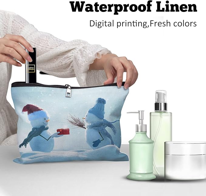 Cafl Christmas Snowman Makeup Bag Makeup Bags Winter Christmas Landscape Zipper Cosmetic Pouch Large Toiletry Bag Travel Linen Make Up Organizer for Purse for Women<10×8Inch>