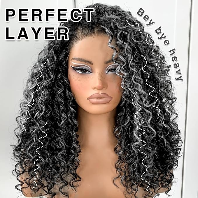 Grey Highlight Curly Wig Wear And Go Glueless Synthetic HD Lace Afro Wig 13x6 Black And White Skunk Stripe Kinky Curly