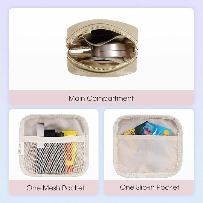 Wandering Nature Small Makeup Bag for Purse Mini Make up Pouch Cute Cosmetic Pouch for Women with Slip-in Pockets Matte Leather, Beige