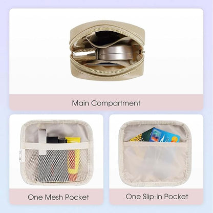 Wandering Nature Small Makeup Bag for Purse Mini Make up Pouch Cute Cosmetic Pouch for Women with Slip-in Pockets Matte Leather, Beige