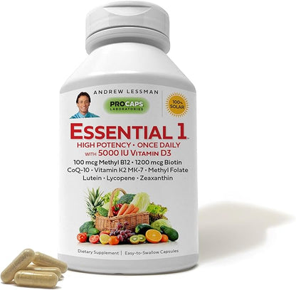 ANDREW LESSMAN Essential-1 Multivitamin 5000 IU Vitamin D3 180 Small Capsules – 100 mcg Methyl B12. CoQ10 Lutein Lycopene Zeaxanthin. High Potency. No Additives. Gentle Ultra-Mild. One Daily Capsule