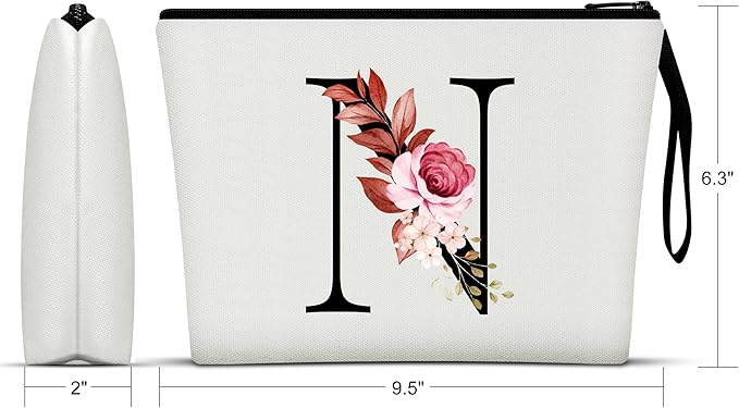 Vavabox A-Z Personalized Makeup Bag, Birthday Gifts for Women Mom, Gifts for Best Friend, Bride Bridesmaid Cosmetic bag (N, White)