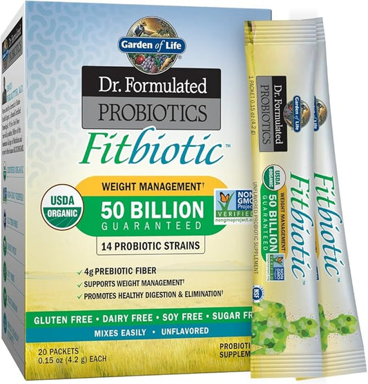 Garden of Life Dr. Formulated Probiotics Fitbiotic Weight Management Powder 50 Billion CFU & Fiber, Organic & Non-GMO Digestive Gut Health Supplement, 3 Oz, Pack of 20