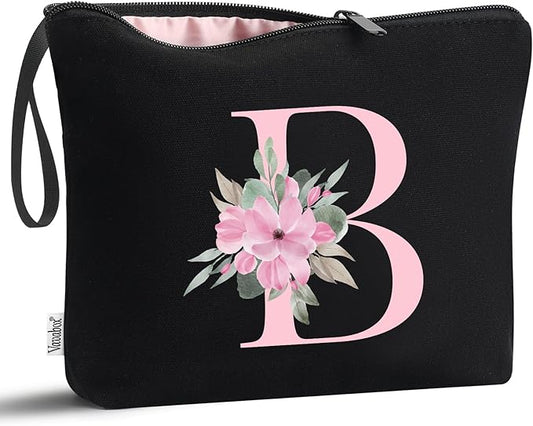 Vavabox A-Z Personalized Makeup Bag, Birthday Gifts for Women Mom, Gifts for Best Friend, Bride Bridesmaid Cosmetic bag (B, Black)
