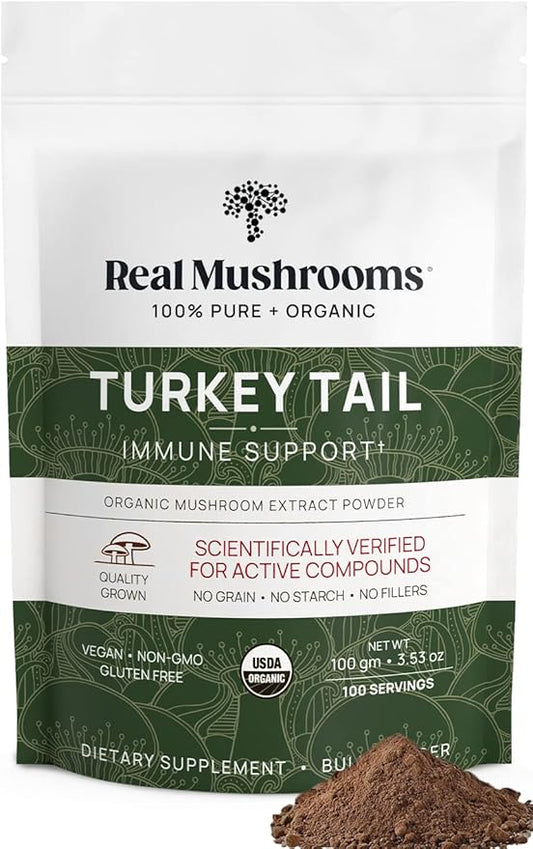 Real Mushrooms Turkey Tail Powder - Organic Mushroom Supplement with Potent Turkey Tail Mushroom Extract for Gut, Energy, Brain, & Immune Support - Vegan Mushroom Powder, Non-GMO, 100 Servings