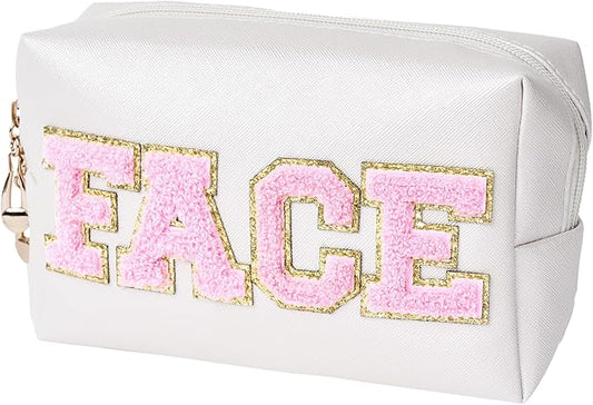 Face Bag Preppy Travel Makeup Bag Organizer Patch Large Varsity Stoney Clover Chenille Letter Cosmetic Toiletry Nylon Cute Preppy Bags PU Leather Waterproof Portable Pouch Storage Purse
