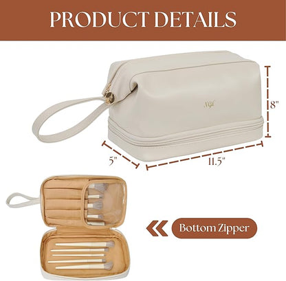NGIL Faux Leather Cosmetic Bag for Women, Makeup Bag Organizer, Makeup Brush Storage, Portable Travel Bag for Toiletries (Solid, Beige, Medium)