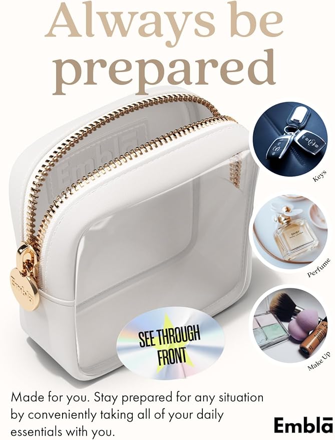 Embla Clear Cosmetic Bag Makeup Case, Clear Zipper Make Up Pouch and Toiletry Travel Tote, Cute Skincare Pouches for Women Girls, Preppy Purse Cosmetic Organizer, Mini Makeup Bags, White