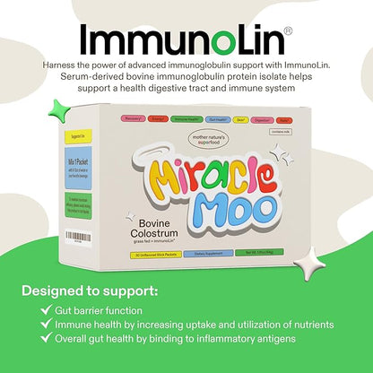Colostrum Supplement for Gut Health, Hair Growth, Beauty and Immune Support - Easy to Mix Grass Fed Bovine Powder - Highest IgG Plus ImmunoLin, Unflavored (30 Servings)