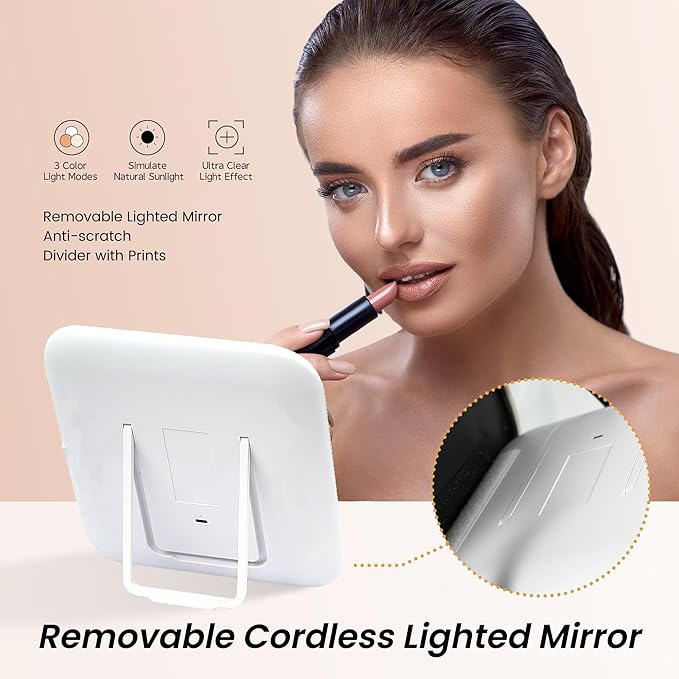 Travel Makeup Bag with Led Mirror Detachable 3 Color Scenarios Adjustable Brightness Large Cosmetic Organizer Storage Adjustable Dividers Waterproof Makeup Brushes Toiletry Gift Black