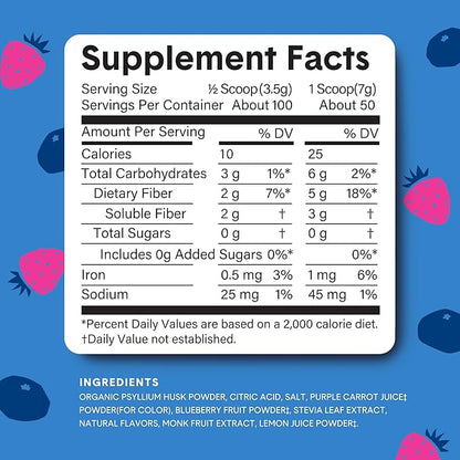 Bellway Super Fiber Powder + Fruit, Sugar Free Organic Psyllium Husk Powder Fiber Supplement for Regularity, Bloating Relief & Gut Health, Non-GMO, Plant-Based, Mixed Berry (50 Servings)