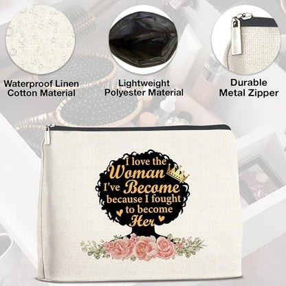 Makeup Bag Black Girl Gifts for Women, Black Woman Gifts I Love the Woman I've Become Because I Fought Cosmetic Bag Zipper Makeup Pouch Afro Girl