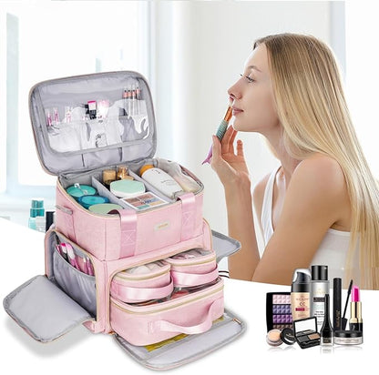 Extra Large Makeup Bag,4 in 1 Cosmetic Storage Organizer Travel Case with Detachable Pouches and Dividers,Pink