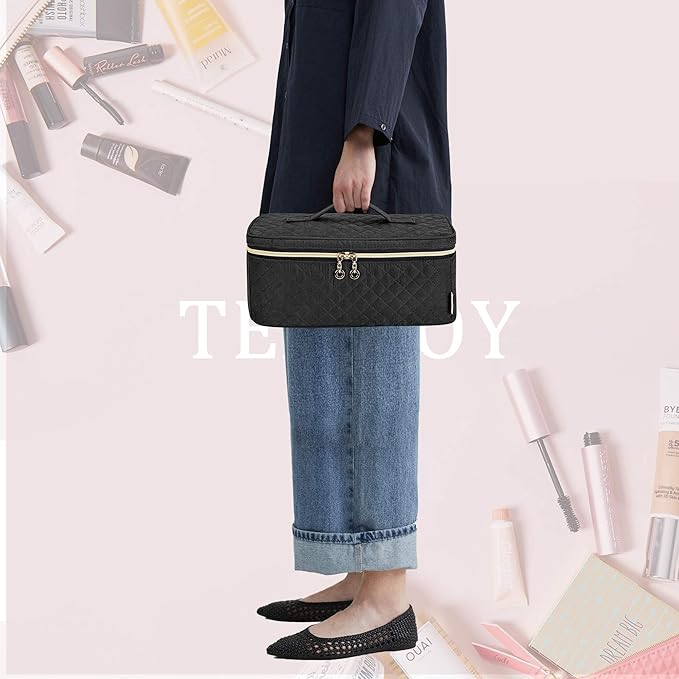 Teamoy Travel Makeup Brush Case, Makeup Train Organizer Bag with Handle for Makeup Brushes(up to 8-inch) and Essentials, Large, Black(BAG ONLY)