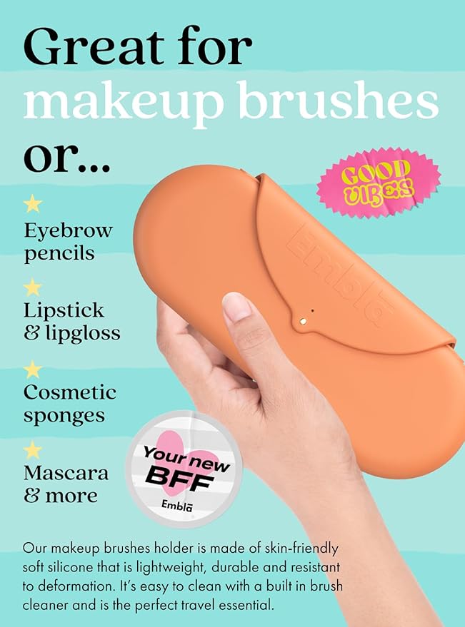 Embla Makeup Brush Holder Travel Cosmetic Case Pouch, Soft Silicone Cosmetic Bag Make Up Brushes Holder with Secure Snap Closure, Travel Makeup Brush Case, Peach