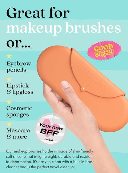 Embla Makeup Brush Holder Travel Cosmetic Case Pouch, Soft Silicone Cosmetic Bag Make Up Brushes Holder with Secure Snap Closure, Travel Makeup Brush Case, Peach