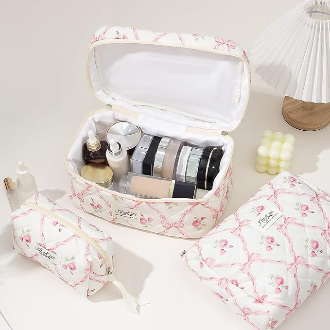 kingkiss Makeup Bag, Quilted Cosmetic Bag, Large Capacity Make Up Bag for Women, Cute Floral Storage Toiletry Bag Travel Storage Makeup Bag (Pink)