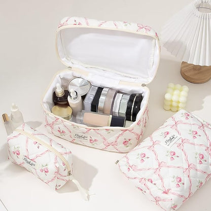 kingkiss Makeup Bag, Quilted Cosmetic Bag, Large Capacity Make Up Bag for Women, Cute Floral Storage Toiletry Bag Travel Storage Makeup Bag (Pink)