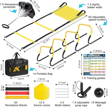Agility Speed Training Equipment Set - 20ft Speed Ladder 12 Cones, 4 Adjustable 3 Resistance