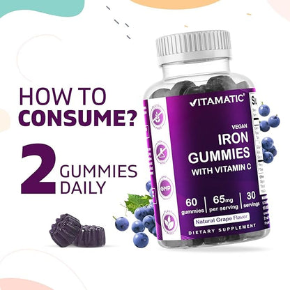 Vitamatic Iron 65 mg Gummies Supplement for Women & Men - 60 Vegan Gummies - Great Tasting Iron Gummy Vitamins with Vitamin C (2)