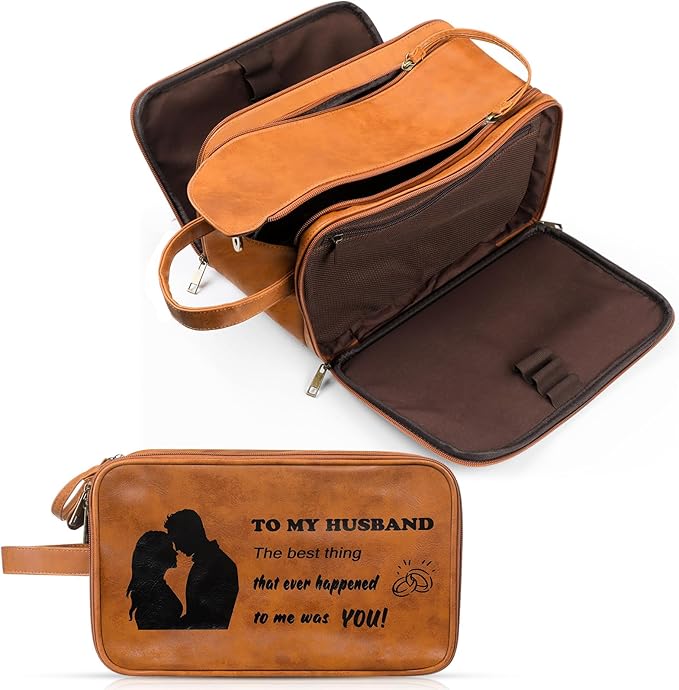 Retirement Gifts Toiletry Bag for Men PU Leather Men's Toiletry Travel Bag Large Shaving Kit Bag Water Resistant Cosmetic Bag Pouch for Groom Bathroom Traveling(Husband)