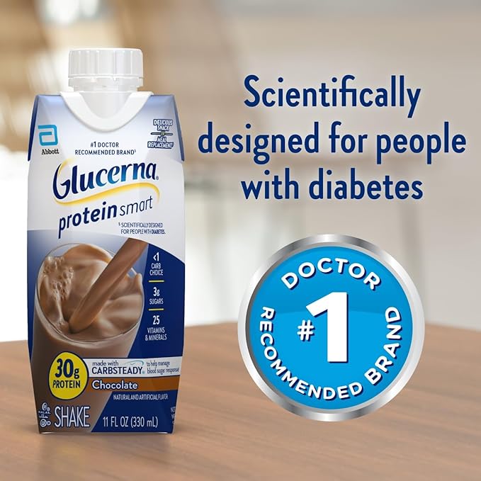 Glucerna Protein Smart Shake, Diabetic Drink to Support Blood Sugar Management, 30g Protein, 150 Calories, Chocolate, 11-fl-oz Bottle, 12 Count