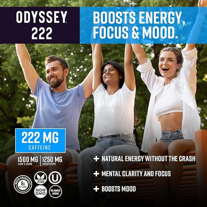 Odyssey 222 Energy Drink, Pre Workout, 222mg Caffeine, Clean Energy Drinks, L Theanine, Lions Mane, Cordyceps & Green Tea for Energy, Focus & Mood Boost, Low Calorie, Blue Raspberry, 12 Fl oz, 12 Pack
